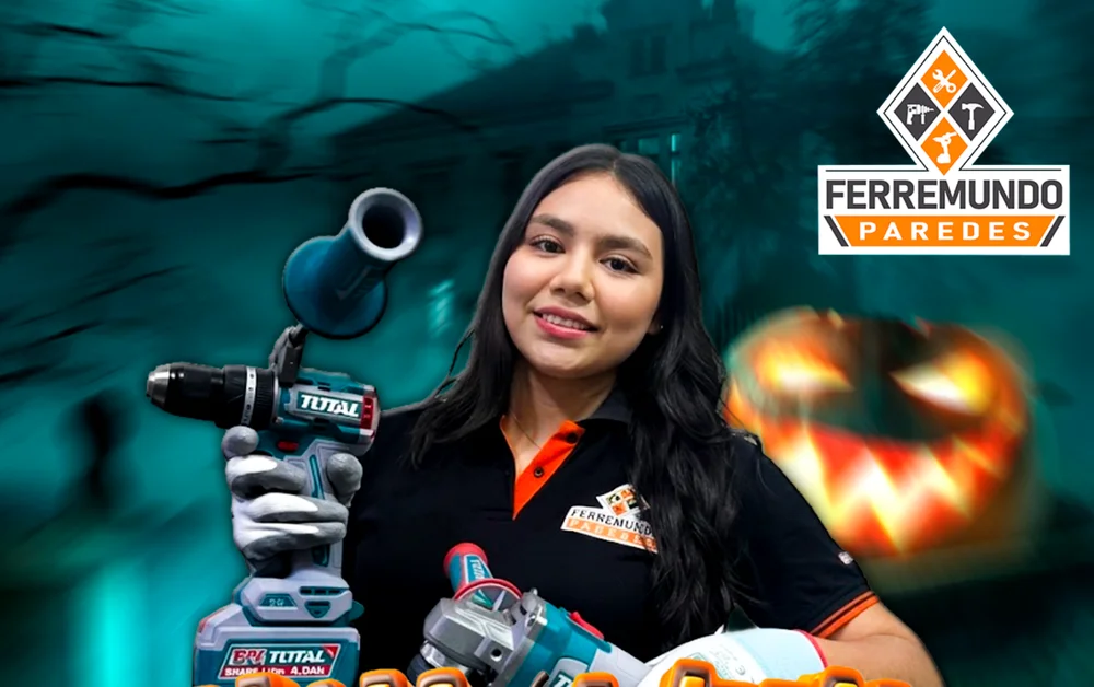 Asesora de Ferremundo Paredes con taladro y amoladora Total en la portada Halloween